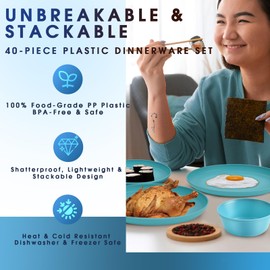 Plastic Dinnerware Sets – 40-Piece Blue Plates and Bowls Sets, Unbreakable, Reusable Dishes Set for 8 with Cups, Knives, Forks and Spoons, for Camping and Outdoor Use