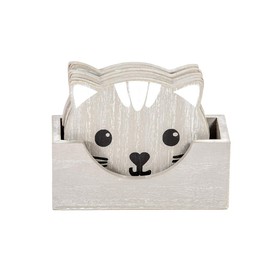 Coasters Set of 6, Wooden Cat Coasters With Holder for Drinks Mugs Cups, Cute Cat Themed Decorative Home Decor Accesories & Gifts for Cat Lovers (Grey)