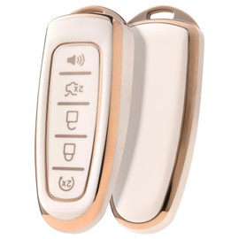 ELOHEI Key Fob Cover for Ford C-Max Edge Escape Expedition Explorer Flex Focus Taurus Lincoln MKS MKT MKX Premium Soft TPU 360 Degree Full Protection Key Case (Gold Edge White)