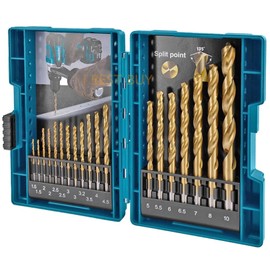 Makita HSS-TIN DIN338 Drill Bit, Set of 19, Case Included, D-67527, Twist Drill, Drill Bit for Ironwork