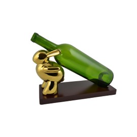 Wine Bodies 10" Polished Gold Rabbit on Wooden Base Bottle Holder