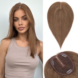 S-noilite Hair Toppers for Women Real Human Hair, 10x12 Upgrade Base Light Brown Clip in Hair Toppers for Women No Bangs 10inch 35g #Light Brown