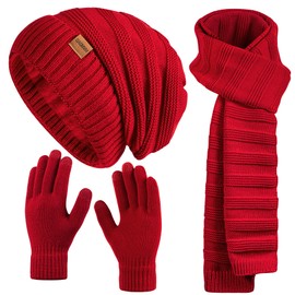 Women Beanie Hat Scarf Gloves Set Fleece Lined Winter Warm Hat Knit Touchscreen Gloves for Cold Weather