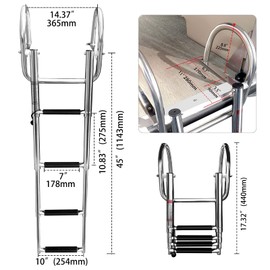 Hoffen 4 Step Pontoon Boat Ladder, Stainless Steel Telescoping Folding Boat Ladder Rear Entry Heavy Duty Custom Inboard with Pedal and Safe Handrails