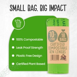 Eco Green Living 10 Litre Compostable Bin Liners, Plastic Free & Recyclable Caddy Bags for Food Waste, Leak Resistant Small Bin Liners, 51 x 82 cm - 6 Pack (108 Bags)