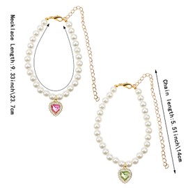 2 PACK Cat Dog Pearl Necklace Collar, Small Dogs Cats Rhinestones Collar Necklace Set, with Rhinestones Heart Charm Pendant Adjustable Dog Jewelry
