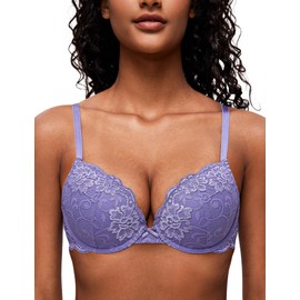 Deyllo Women’s Push Up Lace Bra Comfort Padded Underwire Bra Lift Up Add One Cup(Light Purple,38DD)