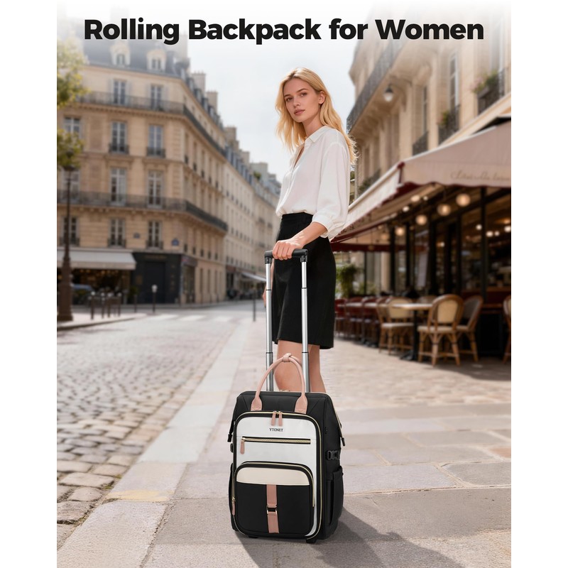 Ytonet Rolling Backpack for Women, 15.6 Inch Travel Backpack with