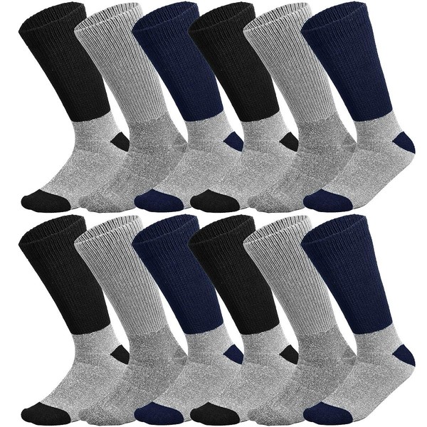 Doctor Recommend Thermal Diabetic Socks Keep Foot Warm Non-Binding Crew Socks For Men Women 3, 6 or 12-Pack (13-15 King Size, 12 Pairs Assorted (Black, Grey, Navy))