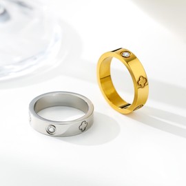 AICLESTR 18K Gold Plated Wedding Rings for Women, Cubic Zirconia Clover Promise Ring, Stainless Steel Band Size 5-12, Elegant Jewelry Gifts, 12, Stainless Steel, Cubic Zirconia