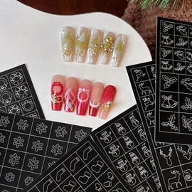 Christmas Nail Stickers Airbrush Stencils Stickers for Nail Art Self Adhesives with Snowman Snowflower Elk Bell Wreath Socks Designs Supplies Design Nail Guide for Manicure Nails Decoration 6 Sheets