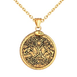 INFINIONLY Tree of Life Gold Medallion Necklace for Mens Womens Fashion Stainless Steel Amulet Round Pendant Coins for Teenagers Vintage Carving Floral Necklaces with 55cm Chain Novelty Jewellery