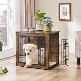 Yaheetech 27.5'' Dog Crate Furniture with Cushion Wooden Dog Crate with Double Doors/Adjustable Feet Side End Table for Small/Medium Dogs, 27.5" L x 20" W x 24" H