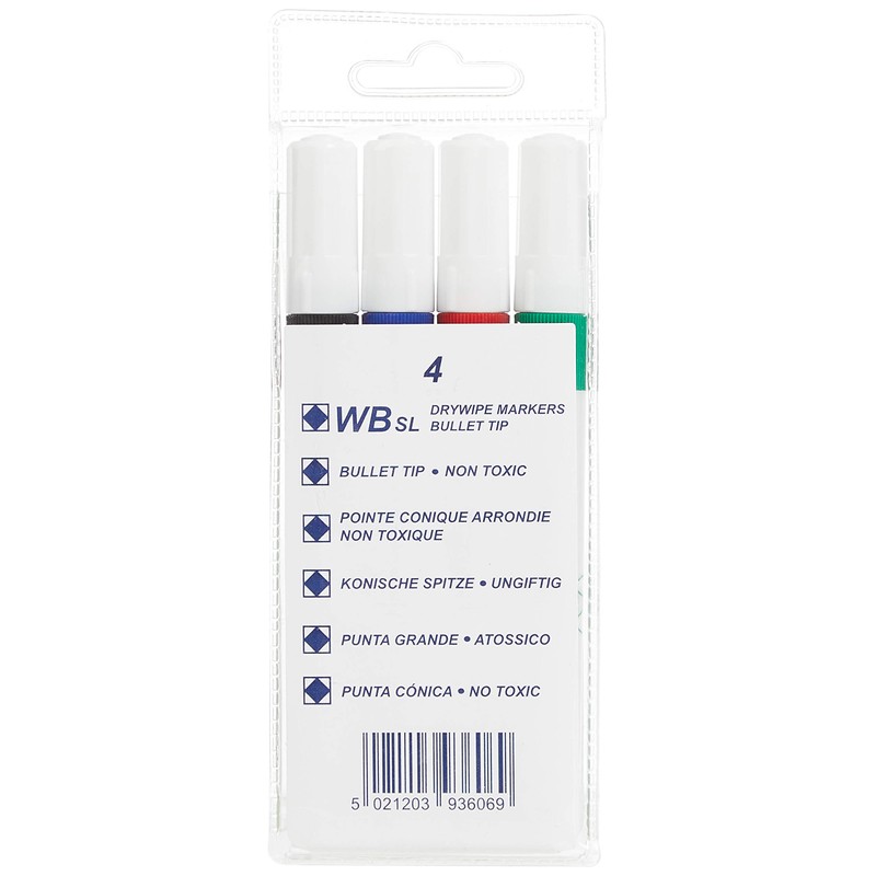 4 Whiteboard Drywipe Marker Pens Bullet Tip Non-Toxic Ink