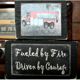 Handmade Firefighter Firetruck Design Primitive Rustic Stacking Blocks Wooden Sign Set