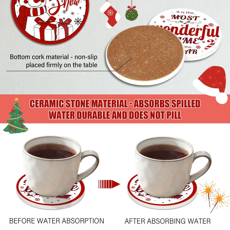 Christmas Coasters Set of 6, Round Ceramic Xmas Coasters with