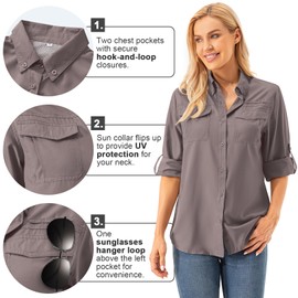 Womens UPF 50+ UV Sun Protection Safari Shirts Long Sleeve Outdoor Cool Quick Dry Fishing Hiking Gardening Shirts (5072 Purple Grey XL)