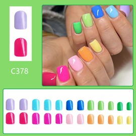 Short Square Press on Nails Colorful Fake Nails Vibrant Summer False Nails Press ons with Solid Color Designs Reusable Acrylic Nails Full Cover Artificial Stick on Nails for Women Manicure 24 Pcs