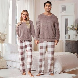 Xumplo Mens Pyjamas Sets Couple Matching Pajamas Adult Fleece Warm Pjs Men Plaid Sleepwear Long Sleeve Loungewear-XXL