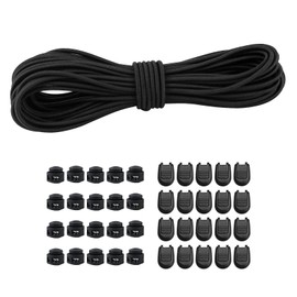 15M Black Elastic Cord,4mm Elastic String Bungee Cord Elastic Round Cord with 20 Pieces Zip Pull Cord Lock Cord, 20 Pieces Double Hole Spring for Sewing,Backpack,Shoelaces,DIY Projects (4mm*15M)