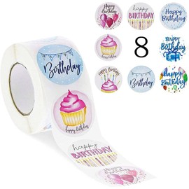500 Pcs Happy Birthday Stickers, 1 Roll Cute Stickers Sealing Sticker Labels, Round Water Bottle Stickers with Assorted Birthday Patterns for Birthday Party Decoration