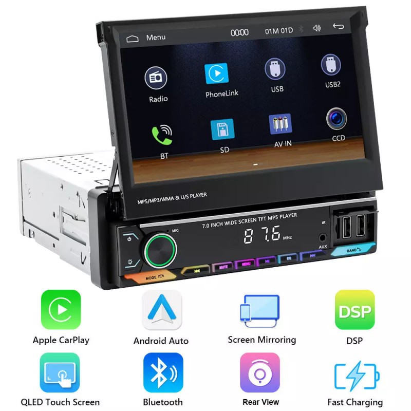 YuanTing 7" Single 1DIN Car Radio Stereo Carplay Touch Screen