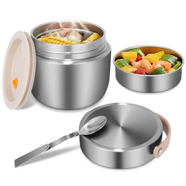 XUANHONG-TECH 1.2L Insulated Food Jars, Stainless Steel Thermos Food Flask, Hot Soup Flask with Folding Spoon, Leak-Proof, 12 Hours Cold/Hot (Silver)