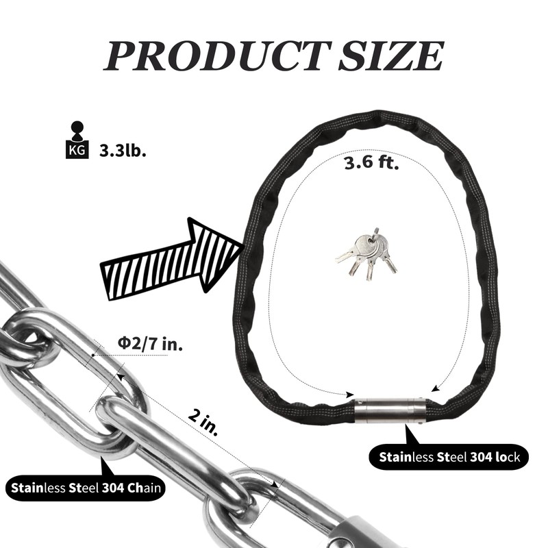 FIGODE Stainless Steel Chain Lock with 4 Same Keys, Rustproof