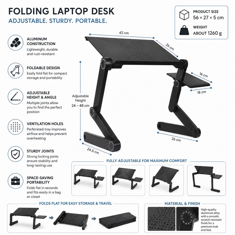 Adjustable Folding Laptop Desk for Bed and Sofa – Portable