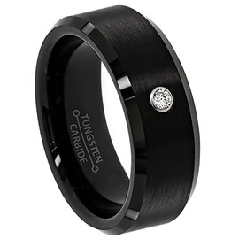 0.07ct Men's Diamond Tungsten Carbide Ring 8mm Comfort Fit Beveled Black Tungsten Ring Anniversary Band Engagement Ring - 223WDs11.5