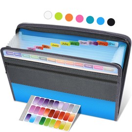 Sooez Accordion File Organizer with Safe Zipper, 12 Pocket Expanding File Folder with Front Pencil Pouch, Portable Monthly Paper Bill Tax Receipt Organizer, School Office Supplies, Letter Size, Blue