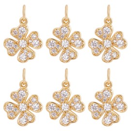 Beebeecraft 6pcs/box Four Leaf Clover Charms 18K Gold Plated Brass Good Luck Pendant Cubic Zirconia St. Patrick's Day Clover Pendant for Necklaces Bracelet Earrings