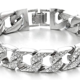 iMECTALII Stylish Men's Women's Curb Chain Bracelet with Rhinestones, Clasp, Highly Polished, Metal, Non-applicable