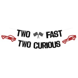 WFKLDF Two Fast Two Curious Banner, Boy's 2nd Birthday Decorations, Car Theme Happy 2nd Birthday Party Decor, Boys Racing Car 2nd Birthday Party, Cheers to Second Birthday Decors Supplies Black Red