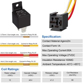 Weasch 24V JD2912 80A Heavy Duty Relay with Harness, 4-Pin SPST Normally Open, 4 Wire Automotive Relay Model, for Automotive Car Marine Boat (1)