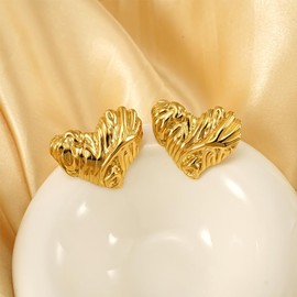 Heart Nugget Earrings 18K Gold Plated Stainless Steel Textured Heart Stud Earrings Dainty Love Heart Shaped Earrings for Women Simple Jewelry Gift, Stainless Steel, No Gemstone