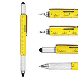 DunBong Metal Multi tool Pen 6-in-1 Stylus Pen - With Screwdriver, Phillips Screwdriver, Flathead Bit Slotted Screwdriver, Ballpoint Pen Black ink, Stylus pen, Bubble Level and Ruler, 1-Count (Yellow)