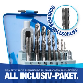 NTG Tap and Die Set Made of HSS Steel, 16-Piece Tap Set in Sizes from M3 - M12 Including Tap Wrench and Storage Box, Thread Cutting Set with Core Hole Drill Set