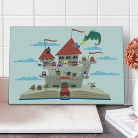 Lunarable Medieval Cutting Board, Tale Story Book Castle King Queen Cartoon Dragon Witch Knight Wizard Viking, Decorative Tempered Glass Cutting and Serving Board, Large Size, Multicolor