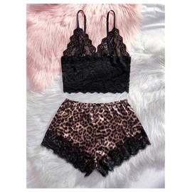 BEAUDRM Women's 2 Piece Leopard Pajama Set Lace Corset Cami Tops and Cheetah Shorts Sleepwear Loungewear Cheetah Pajamas Brown Small