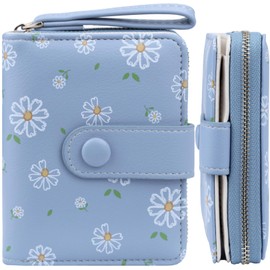 Farcauo Cute Blue Wallet for Women Small Travel Coin Purse with Flower Design Credit Card Holder and ID Window Kawaii Cash Wallet for Ladies