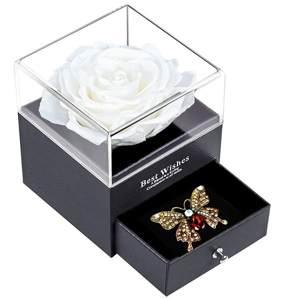 SWEETIME Forever White Rose Box,Preserved Real Rose Flower in Box with Brooch, Elegant Eternal Flower Rose Gift for Women,Wife,Mom,Sister on Mother's Day, Birthday,Thanksgiving Day.…
