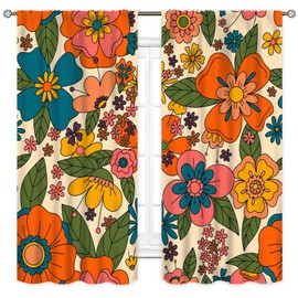Funky - Cortinas florales modernas, retro clásico de los años 60 y 70 años, hippie, surcos, diseño bohemio, diseño de flores florales trippy, cortinas de ventana para cocina, recámara, sala de estar,