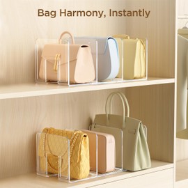 HBlife Purse Organizer for Closet, 3 Sections Widened Clear Handbag Storage Shelf Bag Organizer Acrylic Clutch Dividers for Closet Organizers and Storage, 4 Pack (Fits Up to 4.17 Inch Width Small Bag)