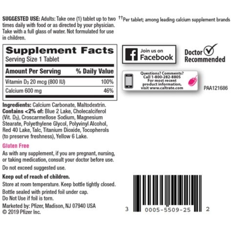 Caltrate 600 Plus D3 Calcium and Vitamin D Supplement Tablets,