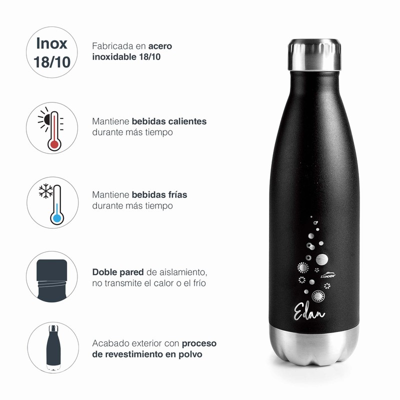 Lacor 62536 Double Wall Stainless Steel Bottle - Black, 0.26