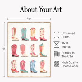 Cowgirl Boots Wall Art 11x14 - Pink Western Room Decor for Girls Bedroom - Preppy Cowgirl Room Decor for Teen Girls - Vintage Country Home Decoration - Unframed