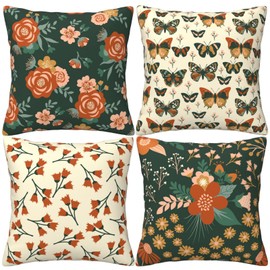 HOSTECCO Vintage Floral Cushion Covers 45x45 cm Set of 4 Botanical Pillow Cases Block Print Butterflies Flowers Decorative Pillow Covers for Sofa Couch