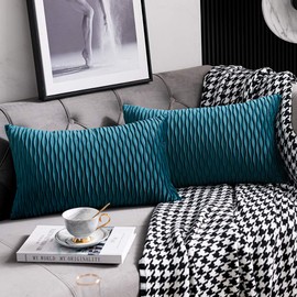 DEZENE 12x20 Teal Throw Pillow Cases: 2 Pack Original Striped Velvet Rectangular Decorative Pillow Covers for Farmhouse Couch