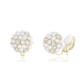 QUKE Simulated Pearl Zirconia Crystal Golden Tone Clip On Studs Earrings Non Pierced Earrings Jewelry for Women Girls